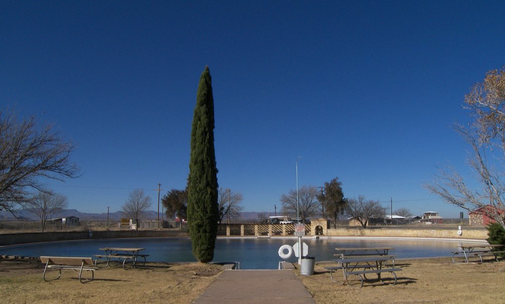 The long spring-fed pool at Balmorhea State Park under a deep blue sky, with a tall cypress, picnic tables and stone pool buildings across the water