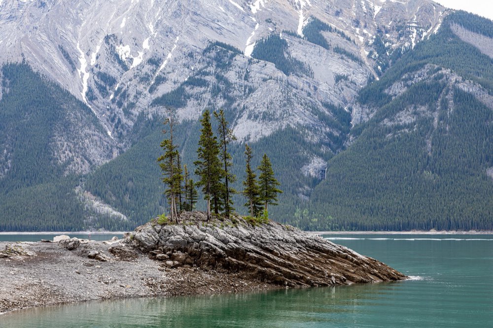 A small rocky island topped with a few spruce trees in the turquoise water of Lake Minnewanka, with grey, snow-streaked mountains rising behind
