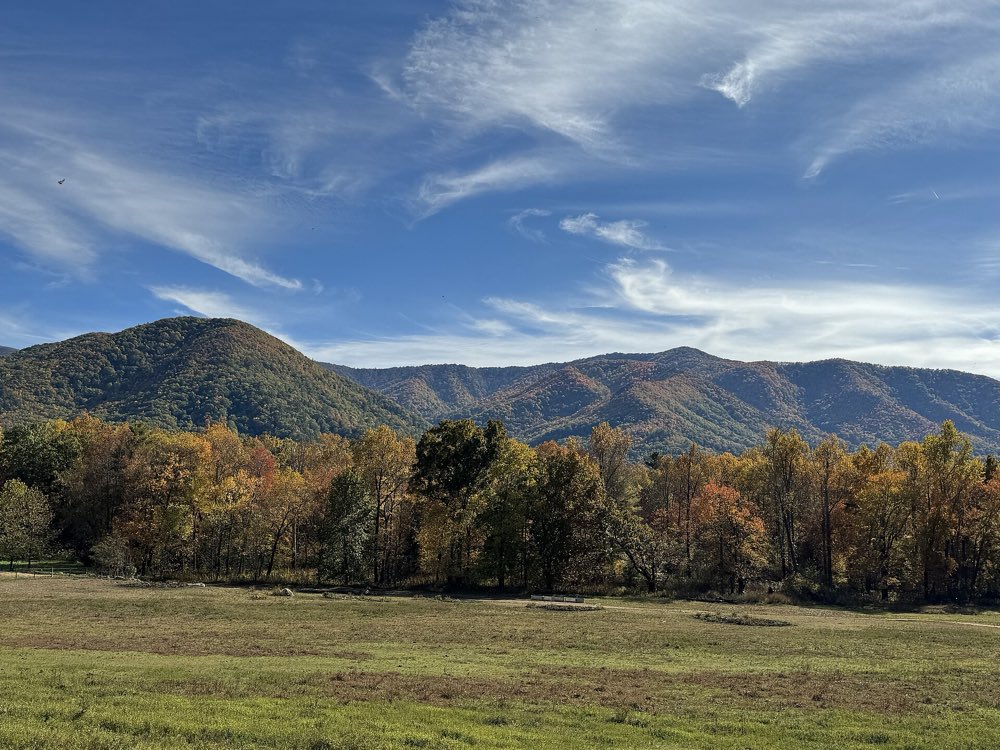 Wide green meadow in Cades Cove ringed by autumn trees, with rounded, forested mountains under a blue sky streaked with high cloud