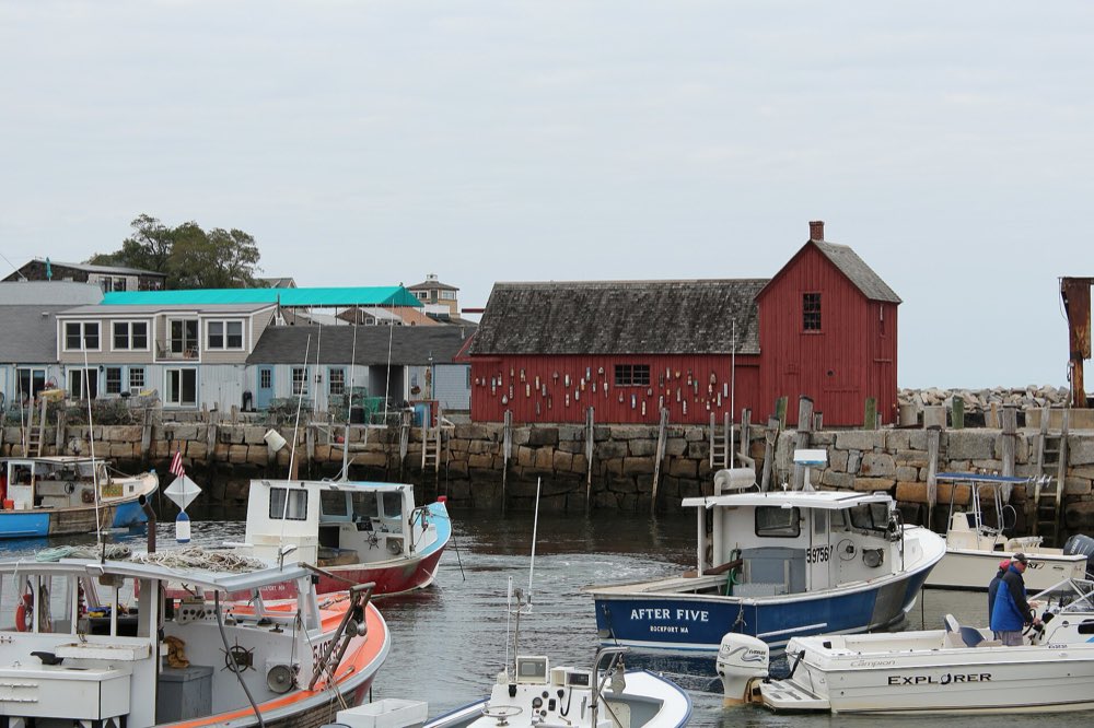 Rockport's inner harbor with lobster boats moored in front of a red wooden fishing shack hung with buoys, gray-shingled houses beside it