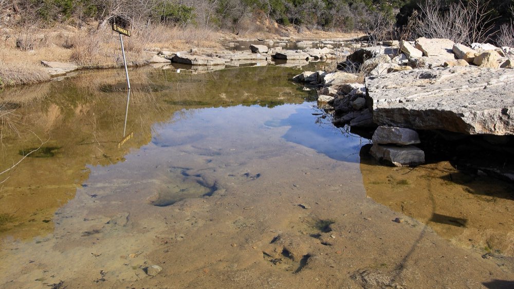 Shallow clear water over the flat limestone riverbed at the Main Track Site, with dark rounded footprints visible beneath the surface and rocky ledges behind