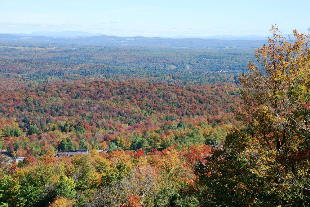 Rolling hills covered in red, orange and gold autumn forest, seen from high on Mont Orford, with blue hills on the far horizon