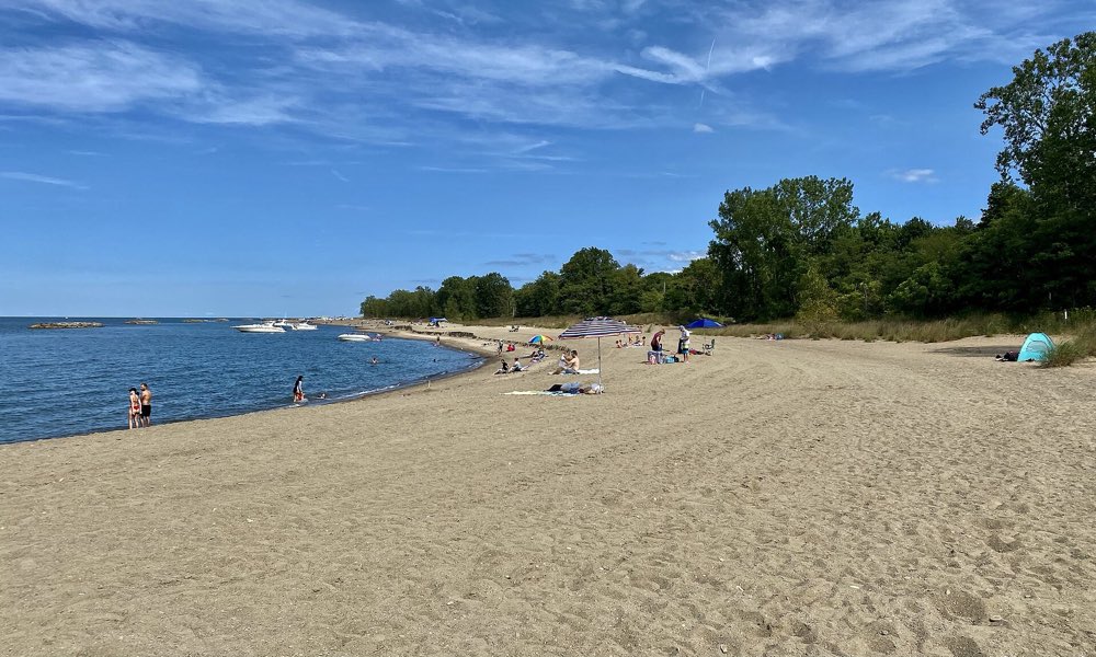 A long, wide sandy beach curving along calm blue Lake Erie, with a line of green trees behind it and a few beachgoers and umbrellas in the distance