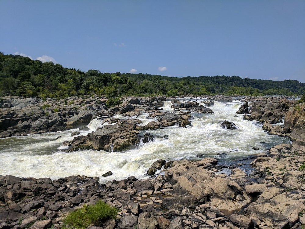 White water pouring through channels between dark, jagged rocks at the Great Falls of the Potomac, with a wooded ridge and blue sky beyond