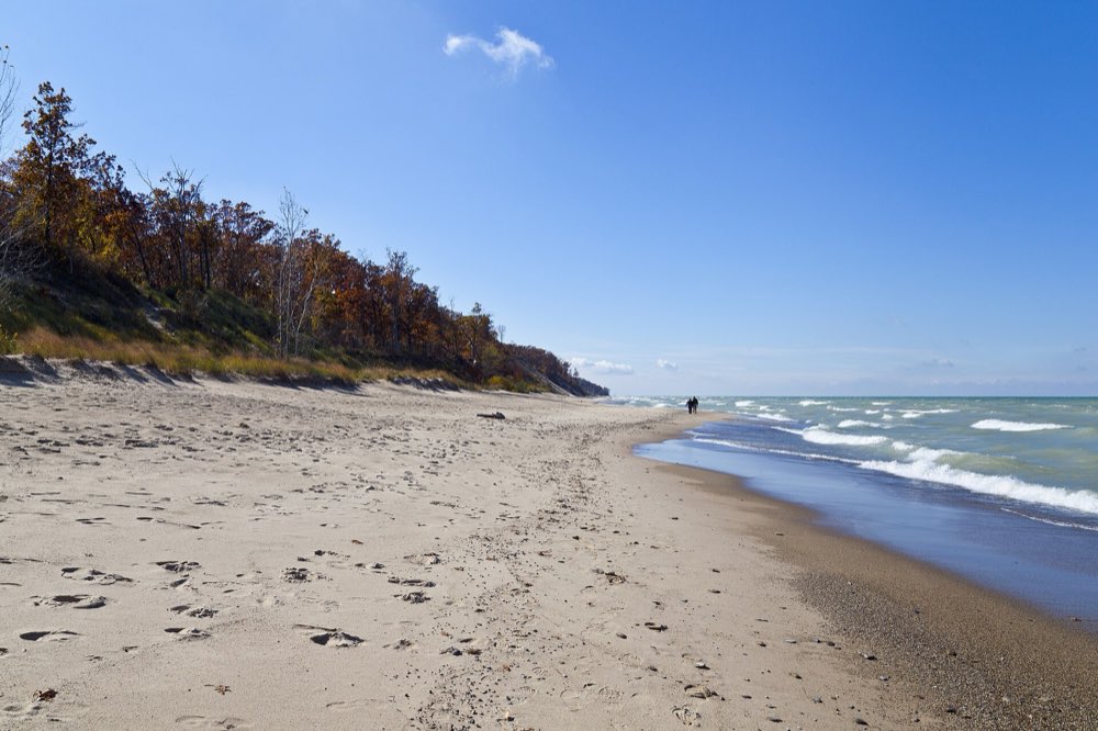 A wide, empty sand beach curving along Lake Michigan under a blue sky, with white-capped waves on the right and a wooded dune in orange and red fall color rising on the left