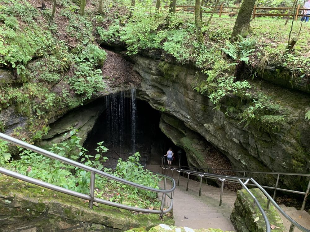 Stone steps with metal railings leading down into the dark, fern-covered mouth of Mammoth Cave's Historic Entrance, with a thin waterfall dripping over the opening