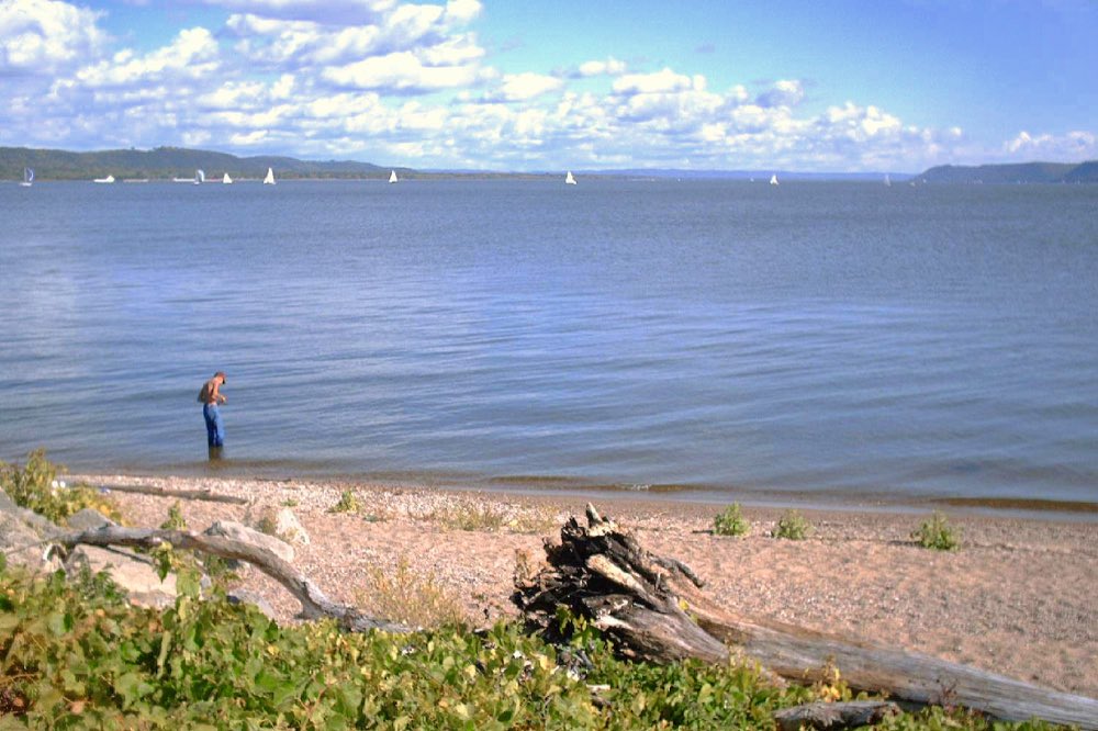 A wide blue Lake Pepin under puffy white clouds, sailboats dotted across the water and wooded bluffs on the far shore, with a sandy driftwood beach in the foreground
