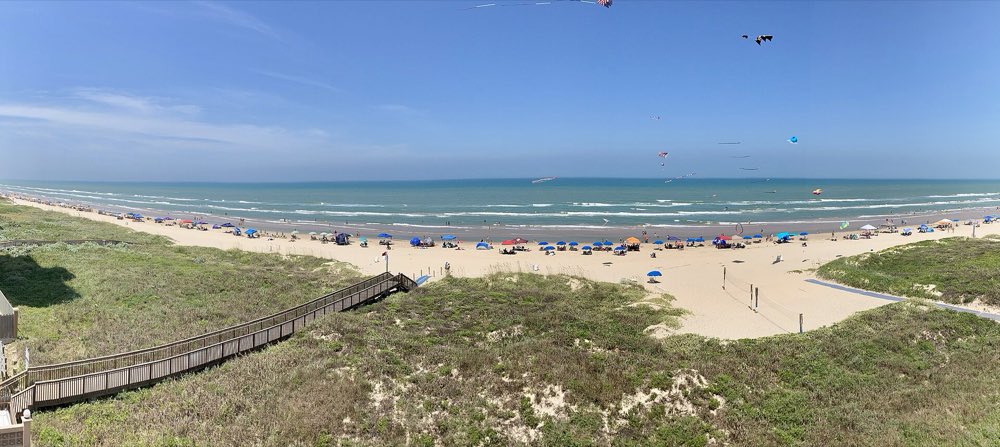 Wide view from the dunes over a Gulf beach lined with blue umbrellas, kites flying in a clear sky and a wooden dune walkover leading down to the sand