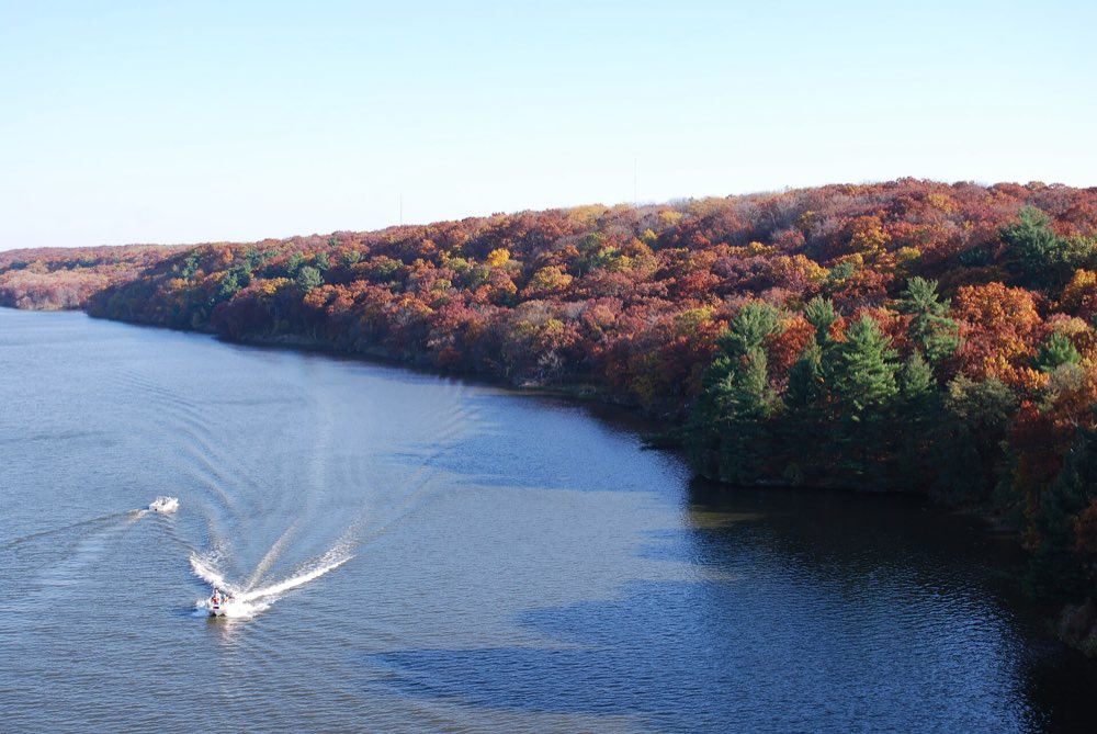 The wide Illinois River curving past a long wooded bluff in red, orange and gold fall color, with dark green pines at the water's edge and two small motorboats leaving wakes