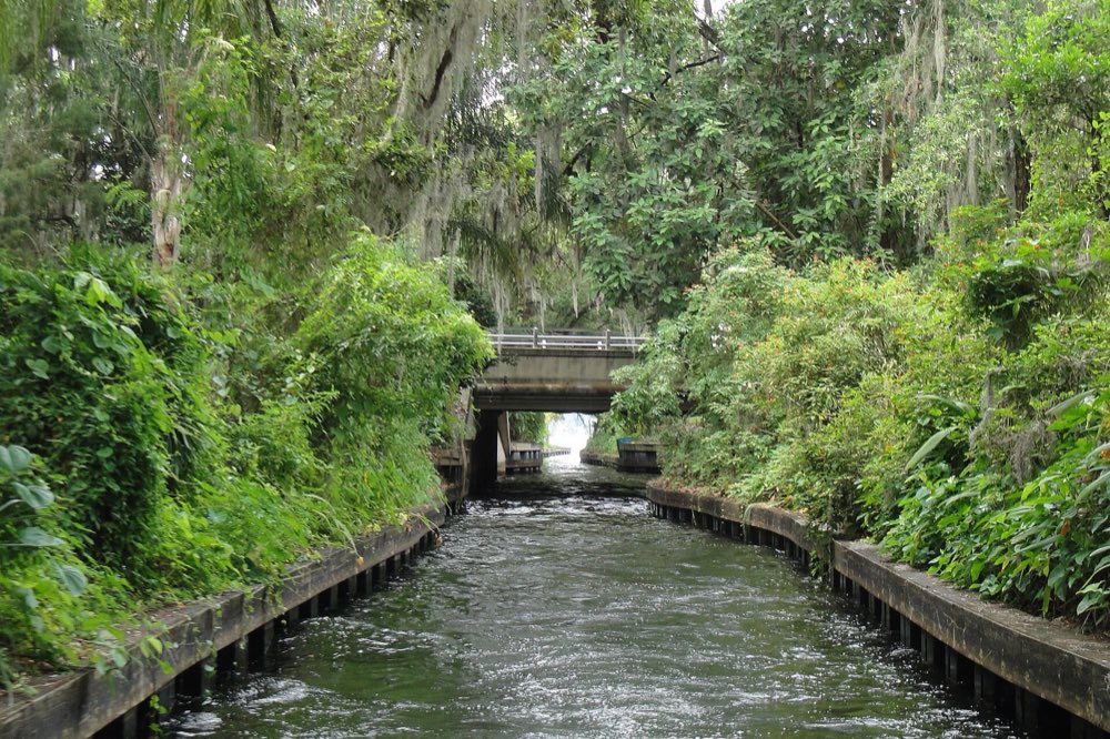 A narrow canal in Winter Park lined with lush greenery and oaks draped in Spanish moss, running under a low bridge